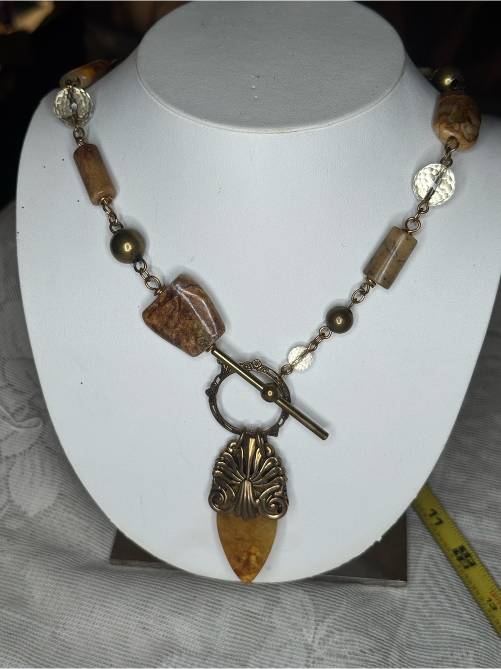 Designer Jan Michaels San Francisco Carved Gemstone & Brass Necklace Statement